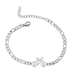 Detail view of Figaro chain with hollow bicycle pendant and lobster clasp closure