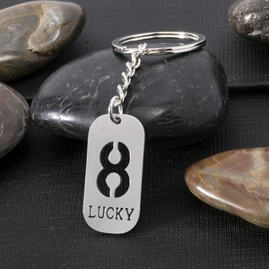 Macro shot of polished stainless steel lucky number 8 pendant keychain on black stones