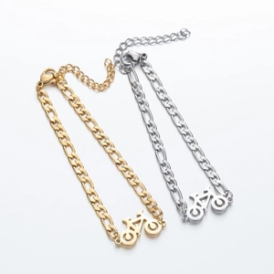 Minimalist stainless steel bicycle charm bracelet with Figaro chain in gold and silver