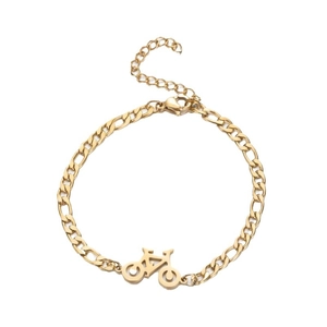 Minimalist gold bicycle pendant on a Figaro chain bracelet with adjustable lobster clasp