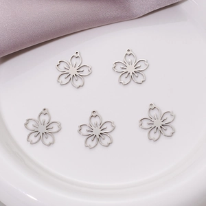Five hollow cherry blossom pendants in bright silver finish for DIY jewelry making