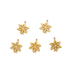 Set of five gold stainless steel leaf pendants with fine vein details for DIY jewelry