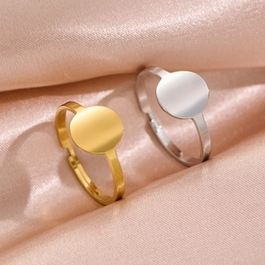 Stainless Steel Ring Minimalist Geometric Round Flat Face Adjustable Open Finger Band Polished Jewelry For Women Fashion