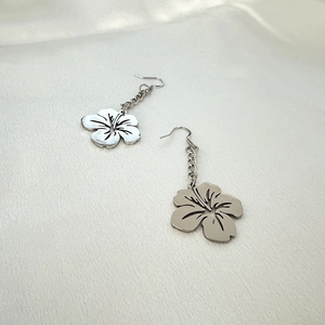 Silver stainless steel five-petal flower drop earrings with a polished mirror finish