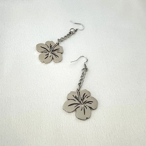 Detailed view of silver stainless steel hollow five-petal flower drop earrings for women