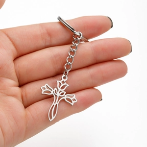 Rose Flower Hollow Cross Keychain Stainless Steel Metal Key Ring Pendant Backpack Ornament Valentine Gift For Women Men