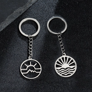 Stainless Steel Keychain Hollow Round Sun Mountain Wave Pendant Bag Charm Key Ring Minimalist Jewelry Gift