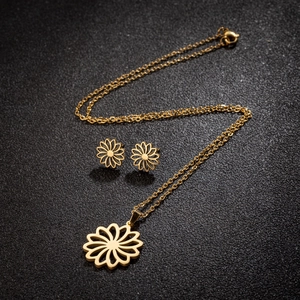 Stainless Steel Hollow Daisy Floral Pendant Necklace And Stud Earrings Elegant Minimalist Jewelry For Women