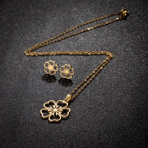Hollow Cherry Blossom Necklace And Stud Earrings Stainless Steel 18K Gold Plated Elegant Floral Jewelry Women