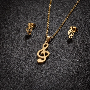 Ensemble collier et boucles d'oreilles clé de sol en acier inoxydable doré poli