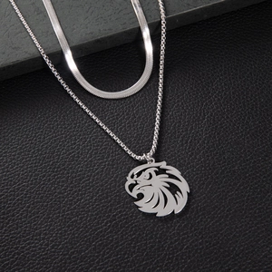 Double-layered stainless steel necklace with eagle pendant on snake and box chain links