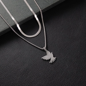 Silver double layer stainless steel necklace with eagle pendant and flat snake chain