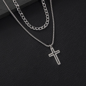 Gothic Double Layer Cross Pendant Necklace Stainless Steel Cuban Snake Box Chain Stackable Punk Street Jewelry For Men Women