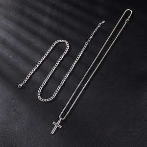 Gothic silver double layer necklace with cross pendant and Cuban link for men