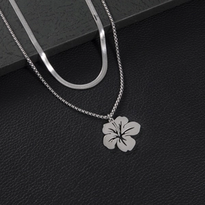 Minimalist double-layered stainless steel necklace with a hibiscus flower pendant in silver