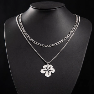 Double Layered Stainless Steel Necklace With Hollow Hibiscus Flower Pendant Simple Minimalist Jewelry For Women Silver