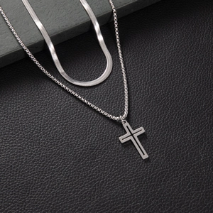 Gothic silver layered necklace set with cross pendant on snake and box chain