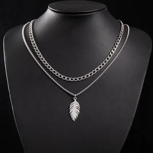 Double Layer Stainless Steel Necklace Feather Pendant Retro Hip Hop Style Jewelry For Men And Women Silver Color