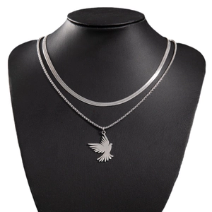 Silver double-layer stainless steel necklace with herringbone chain and bird pendant