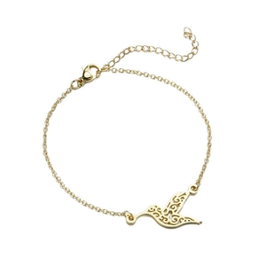 Polished gold stainless steel hummingbird cutout charm bracelet with adjustable chain