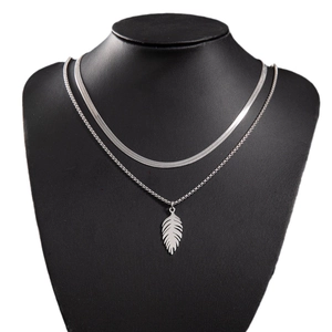 Retro stainless steel double layer snake chain necklace with detailed feather pendant
