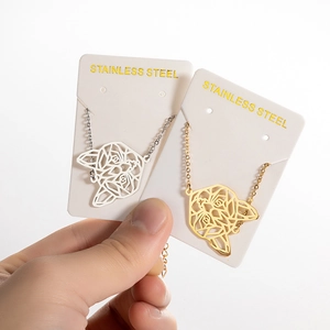 Detailed view of hollow cat head pendants in gold and silver finish on display cards