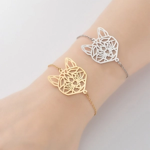 Hollow Cat Head Pendant Bracelet Stainless Steel Geometric Origami Style Jewelry For Women Girls Adjustable Chain