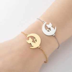 Stainless Steel Crescent Moon Cat Bracelet Minimalist Cute Animal Pendant Adjustable Chain Jewelry For Women