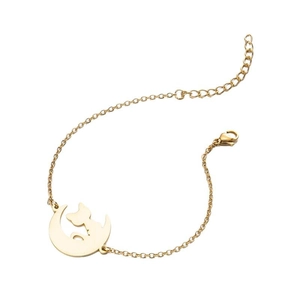 Minimalist stainless steel gold bracelet with moon and cat pendant for women