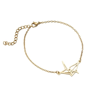 Minimalist stainless steel hollow origami crane charm bracelet in golden finish