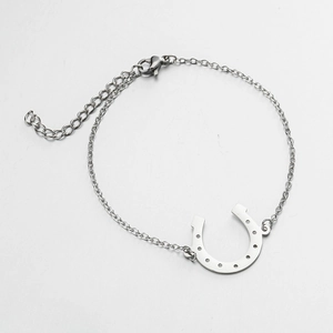 Detail of minimalist horseshoe charm on a polished steel chain with lobster clasp