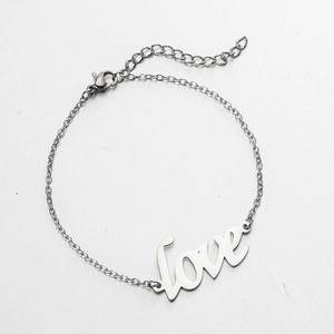 Minimalist silver LOVE letter charm bracelet with adjustable chain for women