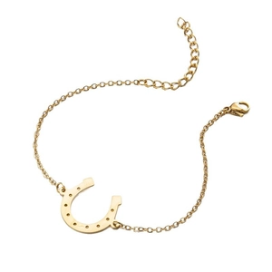 Golden stainless steel chain bracelet featuring hollow cutout horseshoe pendant with adjust chain