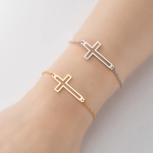 Stainless Steel Hollow Cross Pendant Bracelet Minimalist Elegant Link Chain Jewelry For Women Girlfriend Birthday Gift