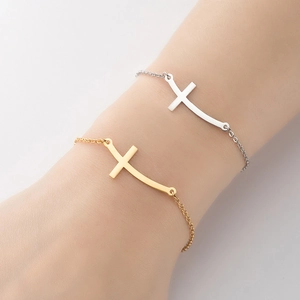 Bracciale Con Ciondolo A Croce Curva Orizzontale Minimalista In Acciaio Inossidabile Catena A Maglia Regolabile Da Donna Gioielli