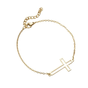 Minimalist gold stainless steel bracelet featuring a hollow cross pendant on a white background