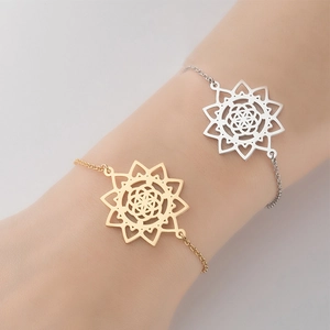 Mandala Flower Pendant Bracelet Stainless Steel Hollow Geometric Minimalist Adjustable Boho Style Jewelry For Women