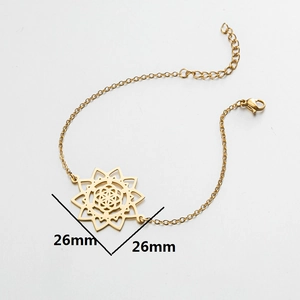 Minimalist gold stainless steel mandala flower pendant bracelet with 26mm charm