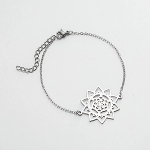 Silver minimalist mandala flower pendant bracelet with adjustable chain and lobster clasp