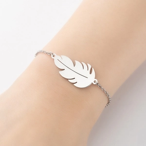 Minimalist silver leaf feather pendant bracelet with polished chain for women