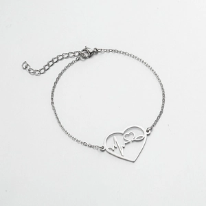 Silbernes Edelstahl-Herz- und Herzschlag-Armband mit verstellbarer Karabinerverschluss-Kette