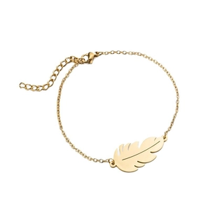 Elegant 18K gold-plated feather pendant bracelet with adjustable chain on white background