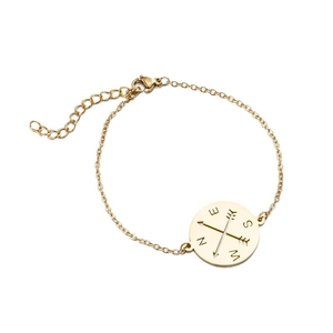 18K gold-plated stainless steel compass pendant bracelet with adjustable chain and clasp
