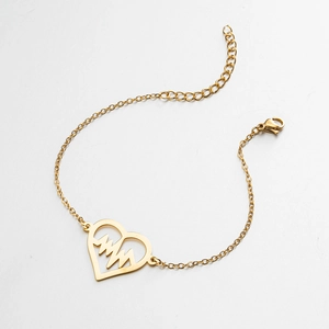 Adjustable gold heart heartbeat charm bracelet with link chain for women and girls