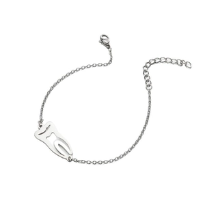Polished silver-tone tooth pendant bracelet with adjustable lobster clasp on white background