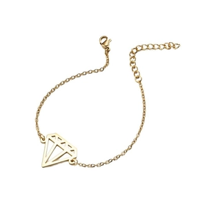 Gold stainless steel bracelet with a geometric hollow diamond pendant on white background