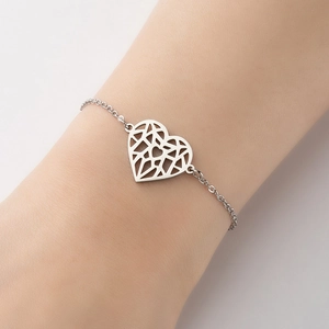 Minimalist geometric hollow heart pendant bracelet in silver stainless steel for women