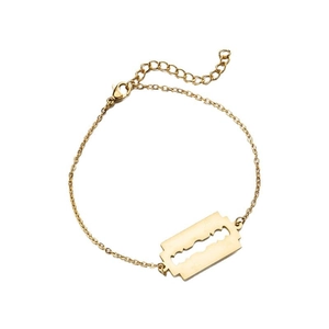 Punk style stainless steel gold bracelet featuring a razor blade pendant and lobster clasp