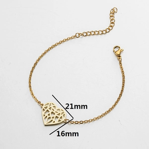 18K gold plated stainless steel bracelet with geometric hollow heart charm and dimensions