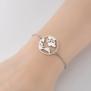 Fashionable stainless steel world map charm bracelet for women in a silver finish